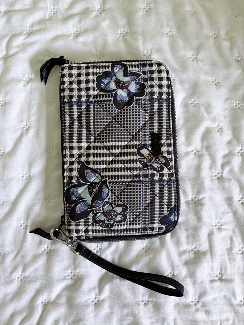 Vera Bradley Black & White Quilted Floral Zip Wallet in Bedford Plaid